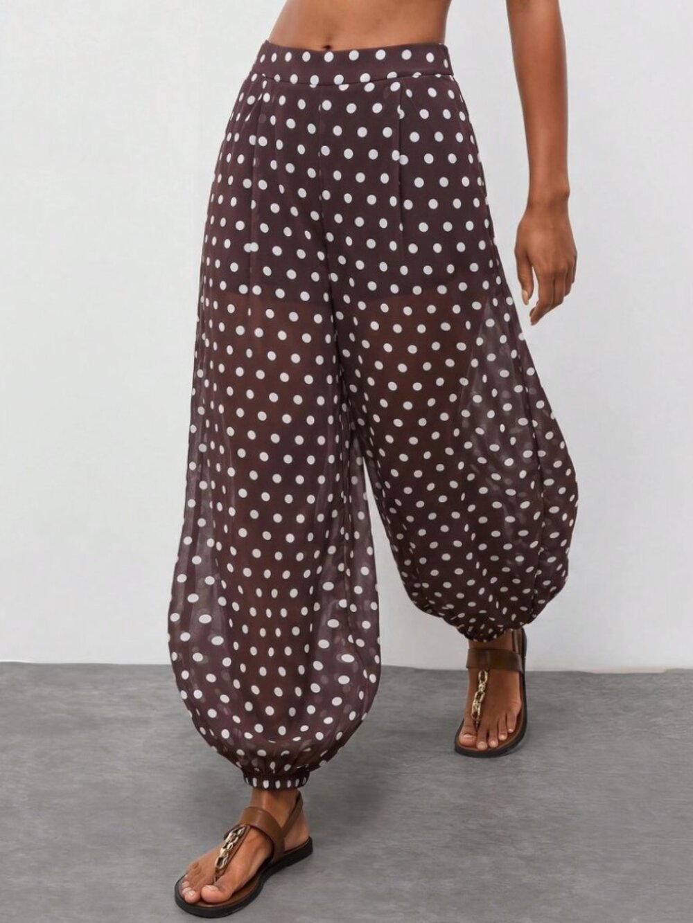 Brown Polka Dot Sheer Harem Pants Balloon Ankle Cuff